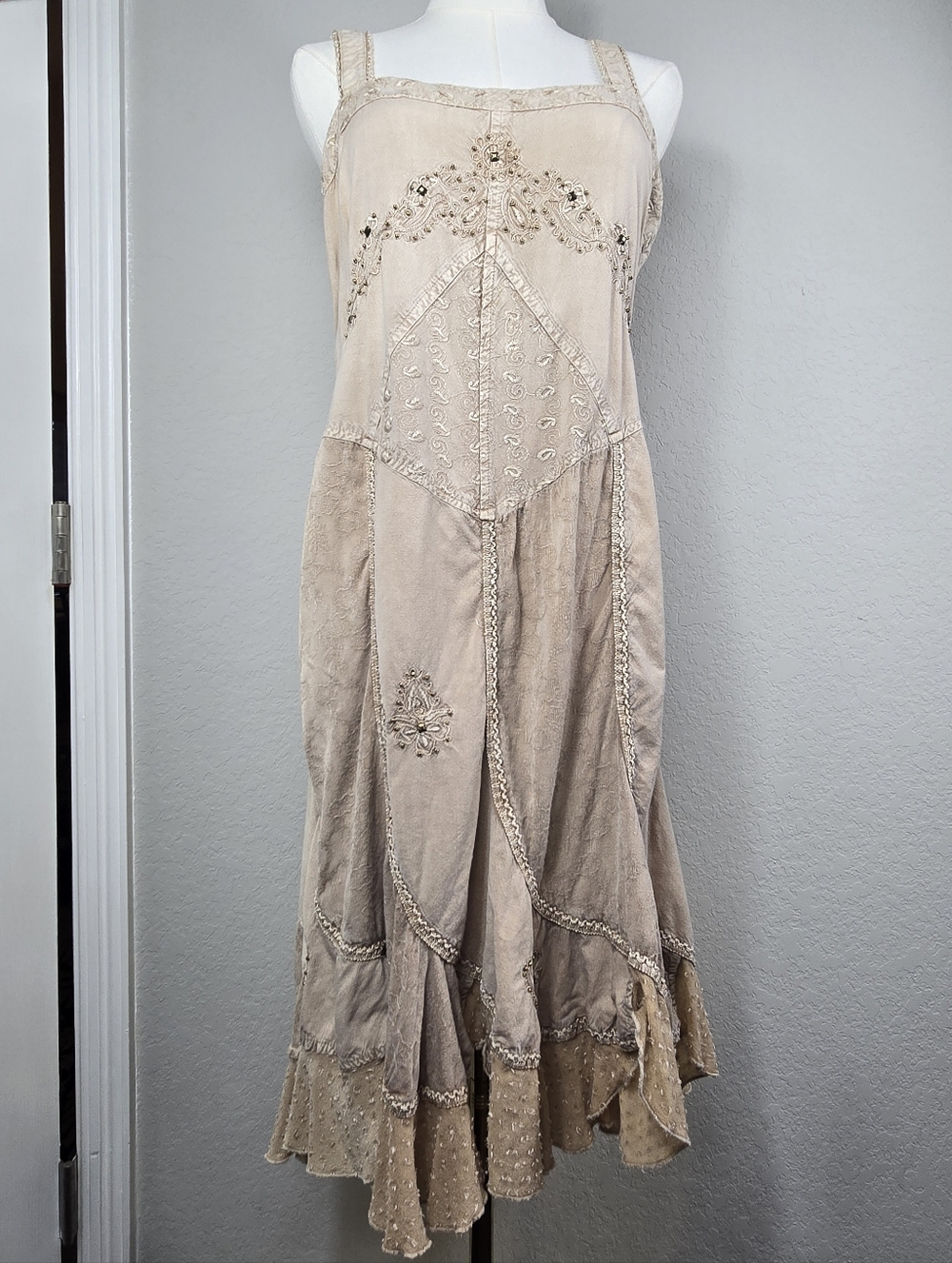 Coline XL Boho Goddess Embroidered Midi Dress Stonewashed Festival Chic Earthy - Picture 2 of 16